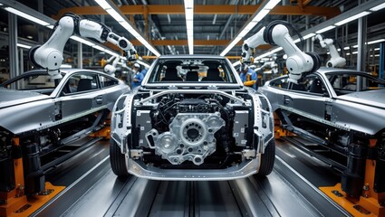 Fototapeta premium Silver car under construction using robots in factory. Automated industrial machine assembly process in large facility, robotic arms visible.