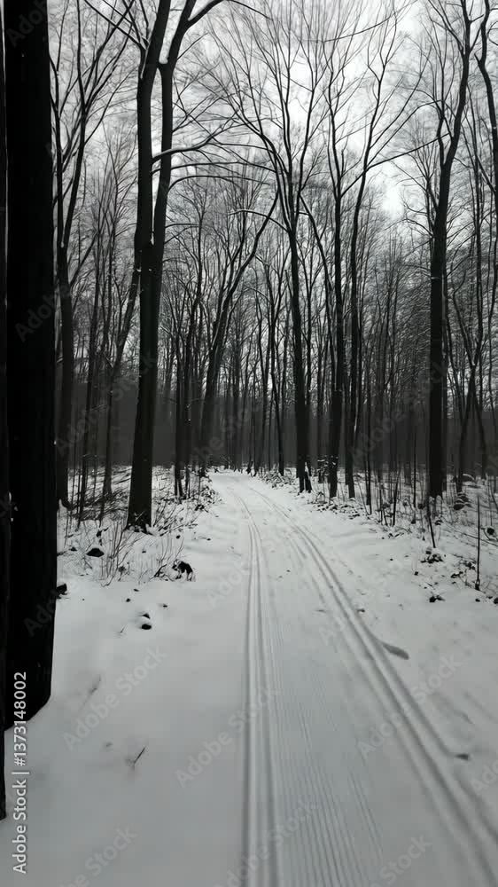 Poster winter trail through a snowy forest with bare trees and a winding path on a cloudy day