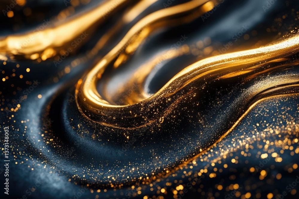 Poster Abstract golden waves flowing smoothly over a dark, shimmering surface with sparkling highlights and a luxurious feel.