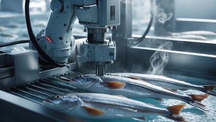 Robotic arm processing fish. Three silver fish aligned on conveyor belt under automated machine with steam in industrial setting.