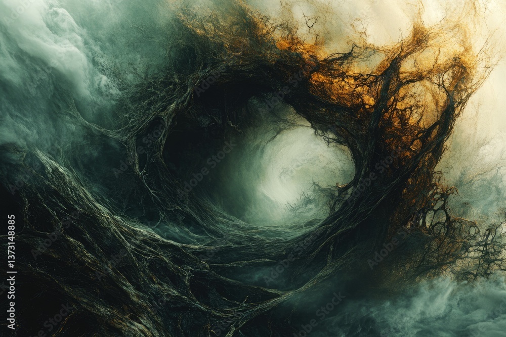 Poster a swirling vortex of dark, tangled roots and smoky clouds, leading into a mystical, illuminated core