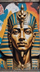Obraz premium Pharaoh bust with colorful brick background. History, art design perfect for ancient Egypt, artifacts, or creative themes.