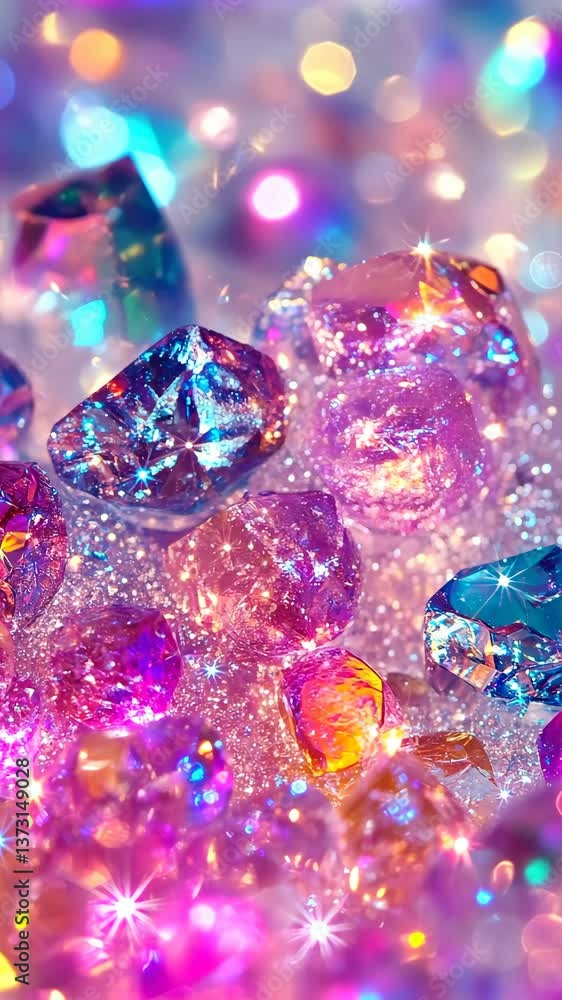Poster colorful sparkling crystals scattered on a shiny surface creating a magical and vibrant display