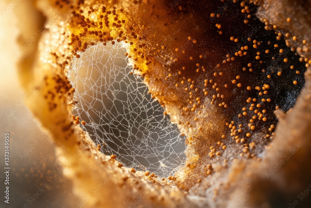 Aufkleber close-up of a spiderweb inside a hollow structure, speckled with tiny orange spheres, bathed in soft