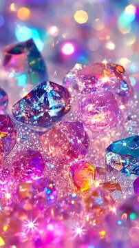 Colorful sparkling crystals scattered on a shiny surface creating a magical and vibrant display