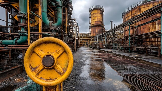 A decaying industrial facility shows the wear of time and elements