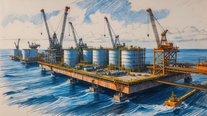 Offshore oil platforms sketch with cranes above ocean. Blue sea surrounds industrial constructions with tanks. Illustration shows facility in water under clouds.