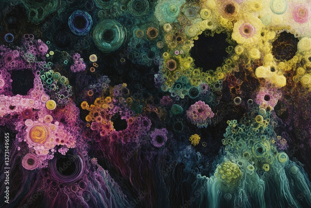 Aufkleber Abstract fractal art with vibrant colors and intricate patterns, evoking a microscopic or cosmic landscape.  Rings, circles, and flowing texture blend.