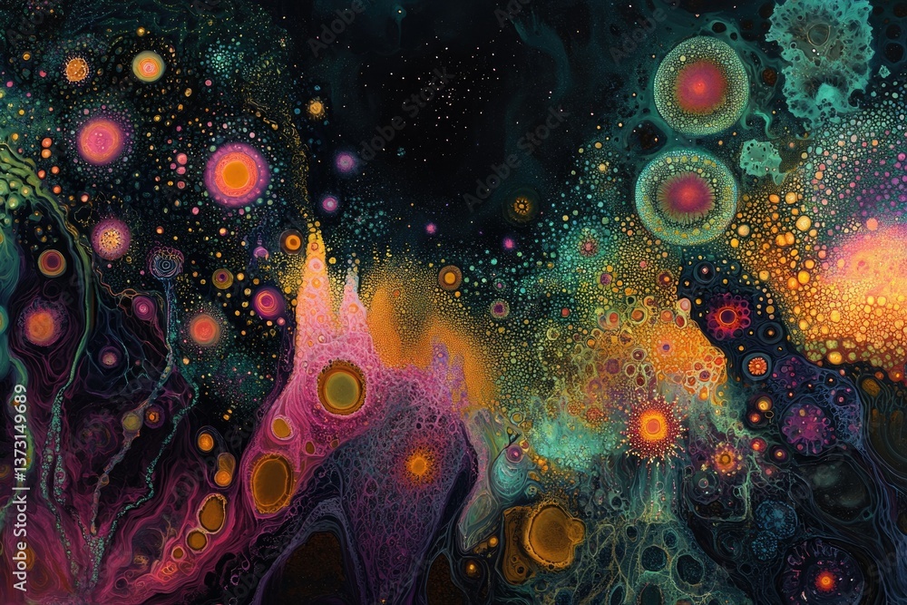 Poster Abstract organic shapes with vivid colors create an otherworldly and textured landscape reminiscent of microscopic life or nebulae.