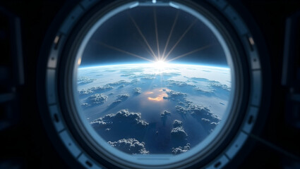 Fototapeta premium Stunning View of Earth from a Spacecraft Porthole Featuring a Bright Sun Rising Over a Layer of Clouds creating a Beautiful and Inspiring Aesthetic
