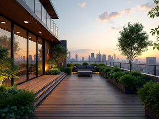 Stunning Penthouse Terrace with Panoramic City View at Sunset, Featuring Modern Architecture, Lush Greenery and Comfortable Lounge Area, Ideal for Urban Living and Relaxation