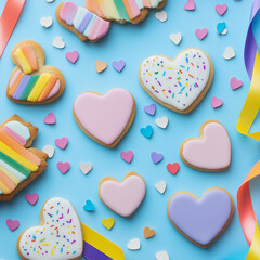 Flat lay of heart-shaped pride cookies and rainbow paper confetti on pastel blue background – LGBT celebration and festive dessert