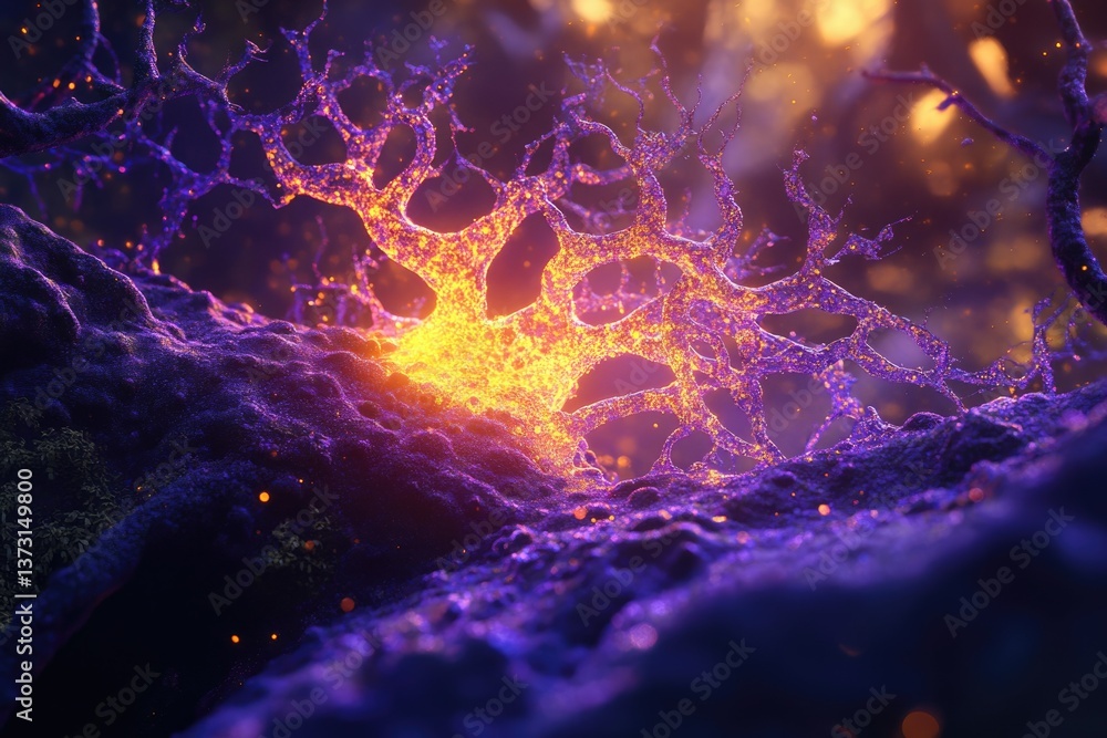 Poster a glowing neural network structure amidst a textured purple landscape under the soft, diffused light
