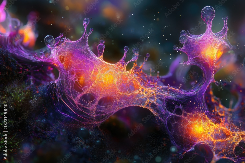 Poster abstract bioluminescent strands, connecting and pulsating with colorful light, create a surreal, eth