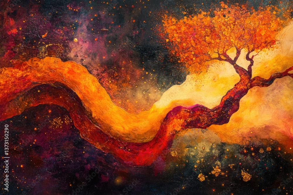 Poster a cosmic tree of life extending through a vibrant universe, painted with warm hues and ethereal deta