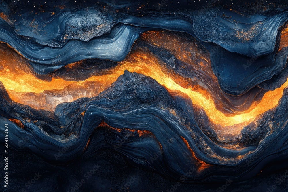 Aufkleber abstract landscape with flowing gold amidst dark, layered rock formations, creating a sense of power