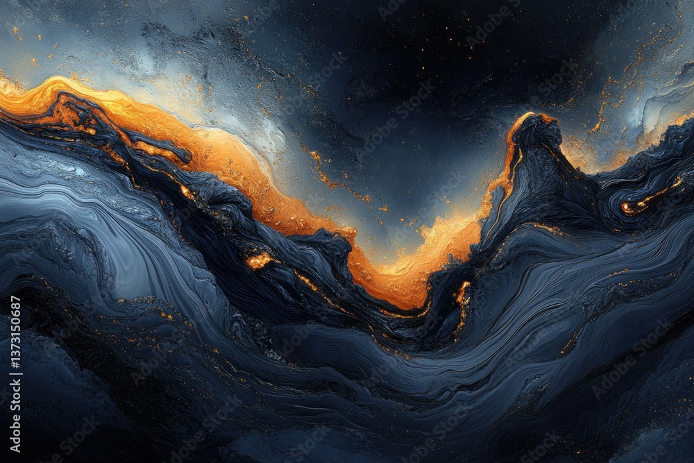Aufkleber Abstract art featuring dark blue flowing forms highlighted with golden streaks creating a dramatic and textured effect.
