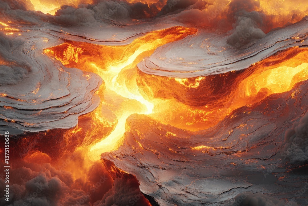 Aufkleber fiery landscape with flowing lava between gray stone cliffs and swirling smoky clouds above, creatin