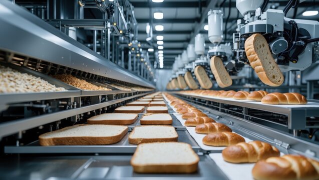 Factory machinery moves sliced bread and loaves along conveyor belts. Automated white robots process baked food in industrial setting.