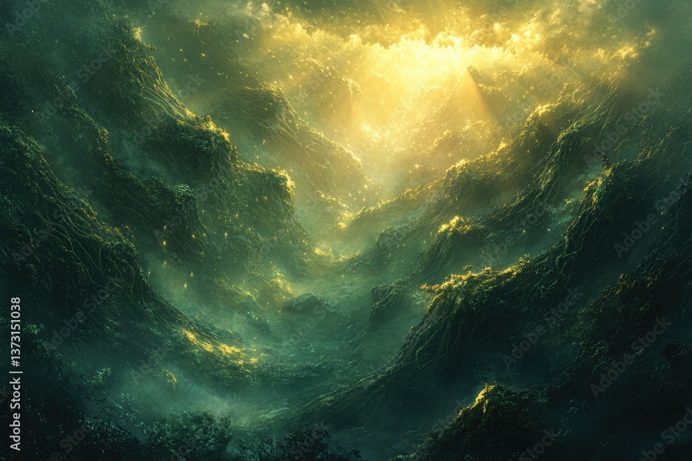 Poster golden light streams through misty valleys, illuminating rugged green mountains and ethereal fog in 