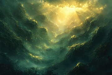 Obraz premium Golden light streams through misty valleys, illuminating rugged green mountains and ethereal fog in an artistic landscape.