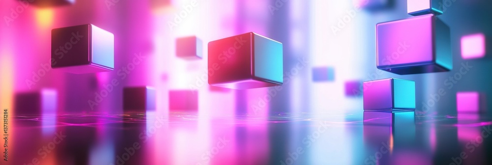 Poster Futuristic minimalistic background with floating colorful cubes and neon gradients in a vibrant digital space