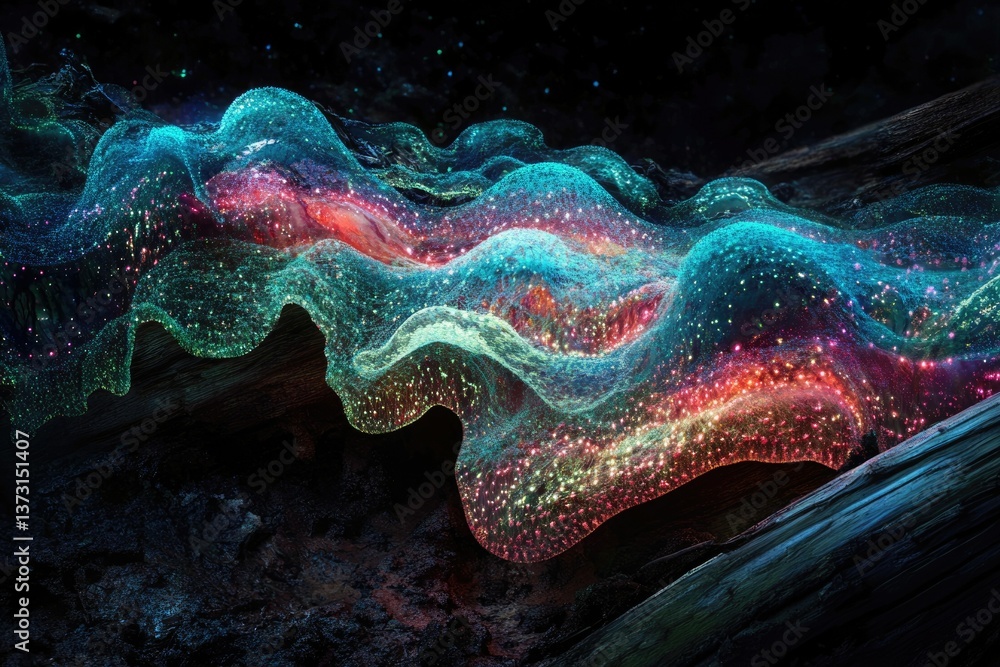 Poster A vibrant, ethereal wave of light flows across a dark landscape, creating a magical and otherworldly scene with colorful textures.