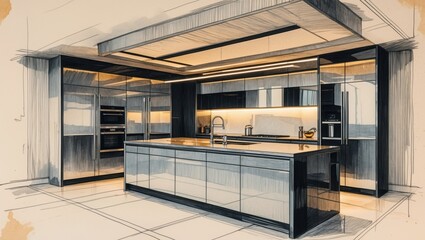 Kitchen interior sketch. Gray cabinet island and counters show lighting and layout. Design drawing style shows room perspective and appliances.