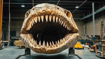 Large dinosaur skull displayed in a museum workshop with workers and tools in the background
