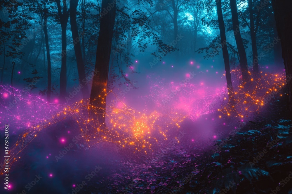 Poster ethereal forest scene bathed in otherworldly light, with glowing trails weaving between dark trees a