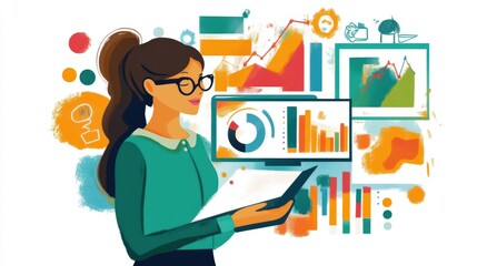 A woman analyzes data with charts and a computer screen