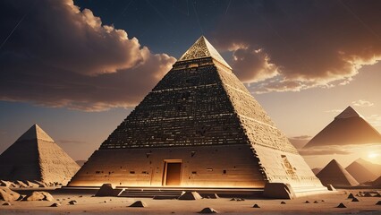 Giza Pyramids at sunset with dramatic clouds. Travel, history design perfect for architecture, ancient civilizations, or adventure themes.