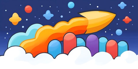 A vibrant colorful rocket blasting off into the starry night sky