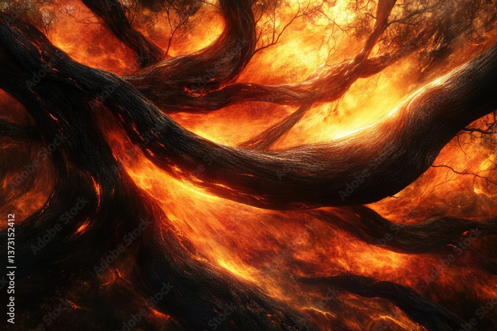 Aufkleber burning tree branches intertwine against a fiery backdrop, creating a dramatic and infernal landscap