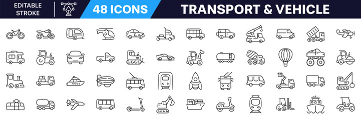 Transport and vehicle icon set. Linear style. Editable Stroke.