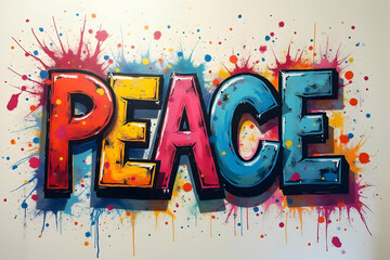 Vibrant Graffiti Art Depicting the Word Peace with Splashes of Color and Bold Lettering Against a Clean White Backdrop, Emphasizing Harmony