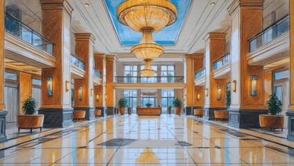 Interior ink sketch of large hall with shiny floor. Big chandelier hangs from blue ceiling above center of space between tall columns and potted plants.
