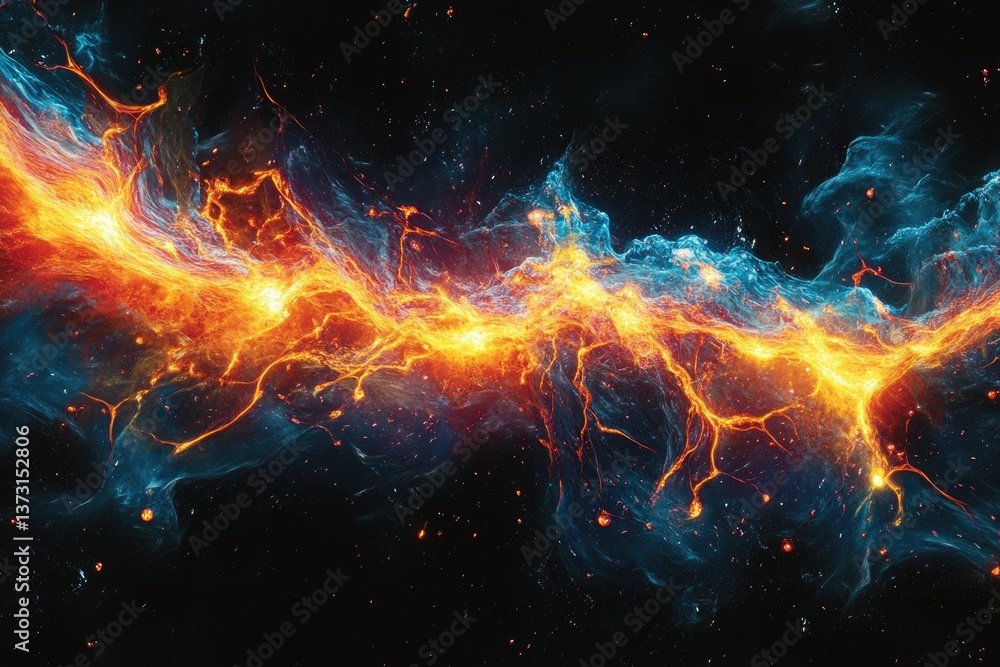 Aufkleber a stunning cosmic cloud with vibrant orange and yellow energy flows juxtaposed against a backdrop of