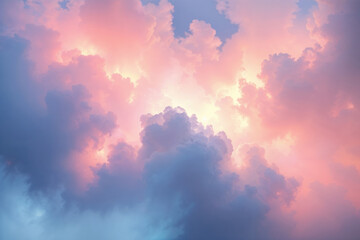 A dreamy sky at sunset or sunrise with fluffy clouds in pastel pink purple and blue. Sunlight filters through creating a luminous glow in the center that radiates outward with soft ethereal light.