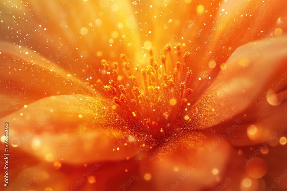 Poster a mesmerizing close-up of an orange flower with pollen, enhanced by sparkling bokeh and a warm, vibr