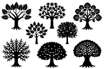 Tree Silhouettes: A collection of diverse tree silhouettes showcased in a graphic style, evoking nature's beauty and the serene strength of the environment.
