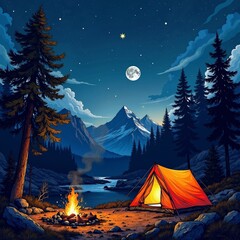 Relaxing camping scene with tent and campfire under starlit sky -  
