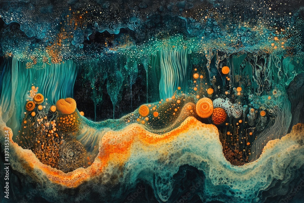 Poster a vibrant underwater scene featuring bioluminescent organisms and flowing currents in a dark, ethere
