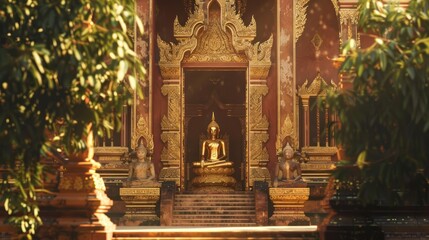 Fototapeta premium Golden Serenity Ornate Shrine with Buddha Statues and Lush Greenery