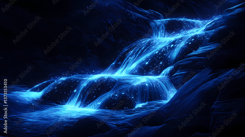 Wall mural this image features glowing blue light trails cascading over dark rocks at night, creating the appea