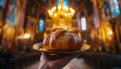 Celebration of orthodox easter with traditional bread blessing in church. concept of religious ritual, faith, worship, sacred tradition