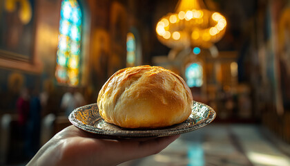 Celebration of orthodox easter with traditional bread blessing in church. concept of religious ritual, faith, worship, sacred tradition