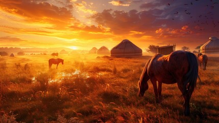 Obraz premium Golden Sunset Over a Serene Pastoral Scene with Grazing Horses and Traditional Tents