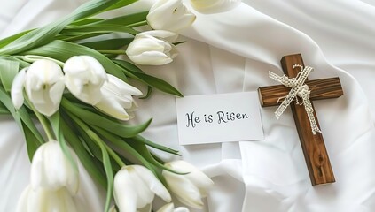 A photo of an Easter card with the words "He is Risen" on a prominent, impactful wooden cross,
