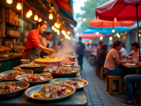 Vibrant street food scene showcasing diverse culinary delights and bustling atmosphere at an outdoor market, a sensory exploration of flavors, aromas and visual feast